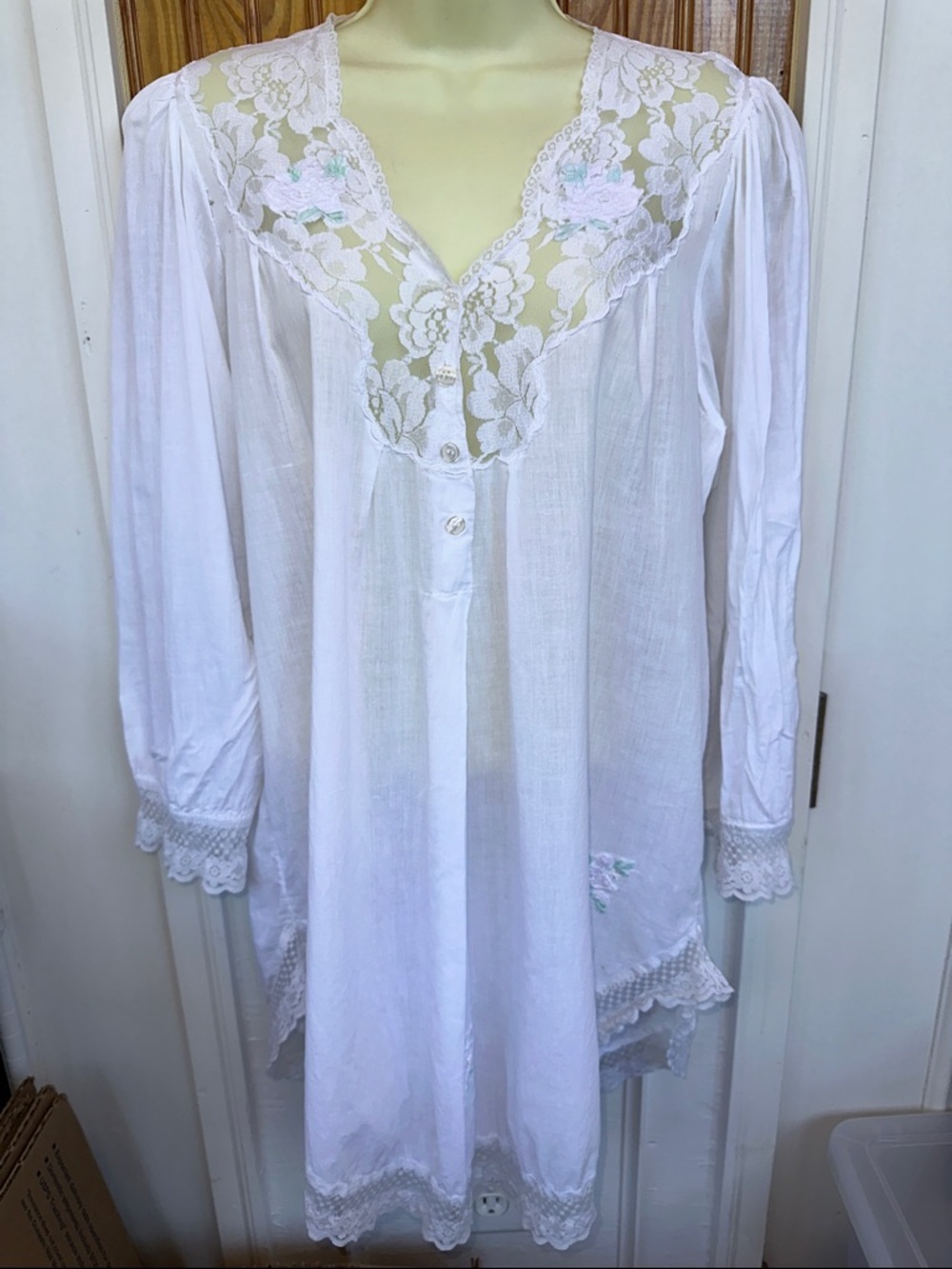 Vintage Sante White Lace Thin Cotton Nightgown with Beaded  Embroidery